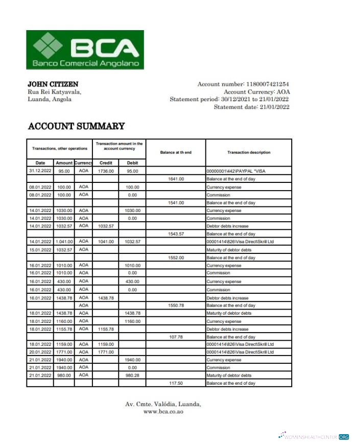 Download Angola Banco Comercial Angolano bank statement excel Photoshop template